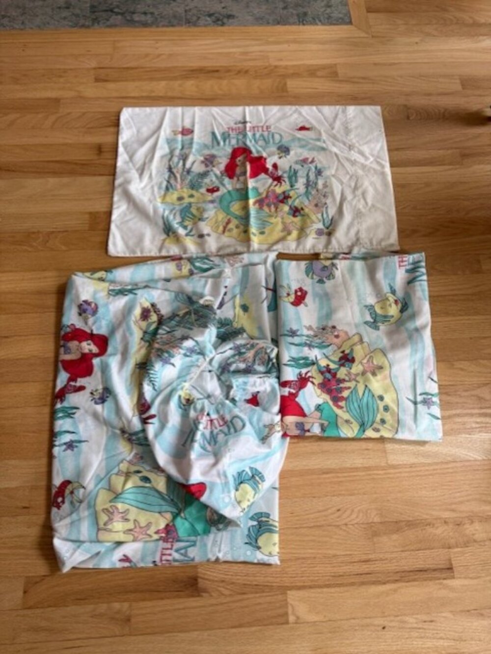 Vintage 90s Disney The Little Mermaid 3pc Twin Flat Fitted Sheets Pillowcase